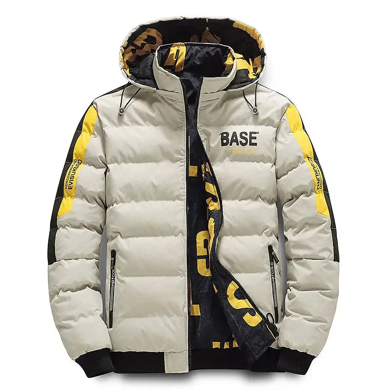 DIMUSI men's padded winter jacket with BASE logo, light gray with yellow/black accents, hooded