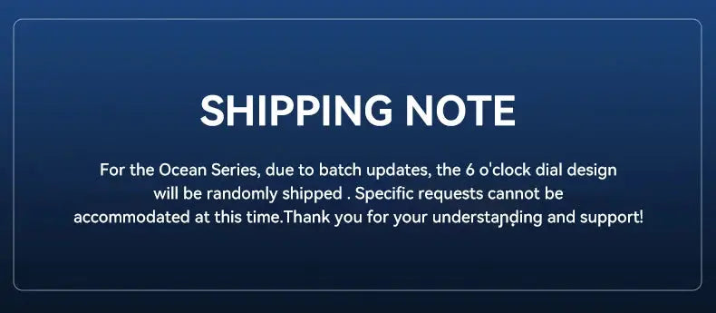 Shipping note banner in dark blue gradient with white text about Ocean Series batch updates.