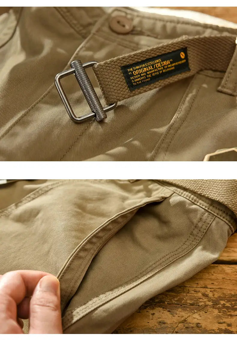 Cargo work pants, khaki with adjustable belt and metal buckle; Simples Market Yu Wenle Amekaji style.