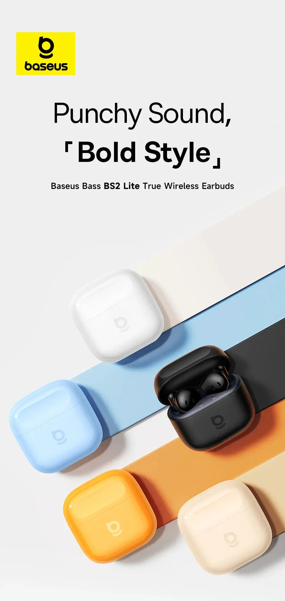 Baseus Bass BS2 Lite true wireless earbuds with multiple colored charging cases.