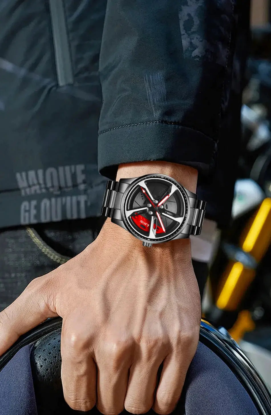 LIGE sport wristwatch with black stainless steel strap and 3D car-wheel inspired dial