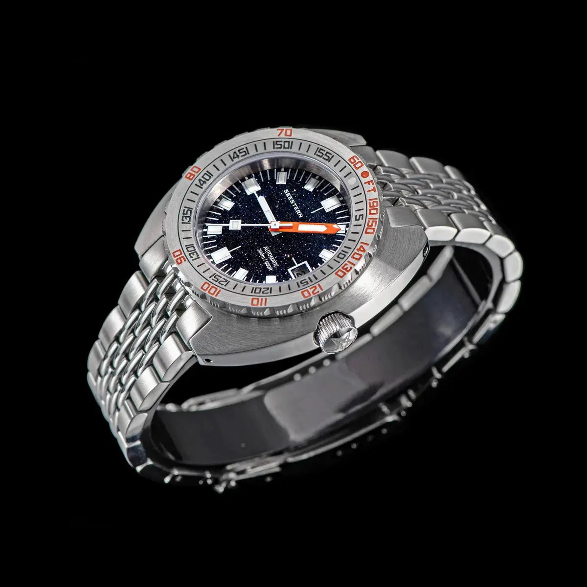 Seestern diver watch for men with stainless steel bracelet, black starry dial and orange hands with date window
