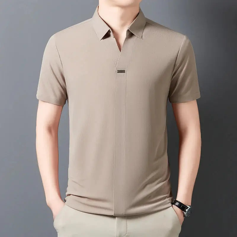 Men's polo shirt by Simples Market, beige solid color, short sleeves
