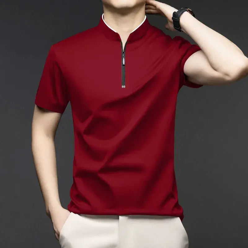 Men's red zip polo shirt with short sleeves and stand-up collar, solid casual top