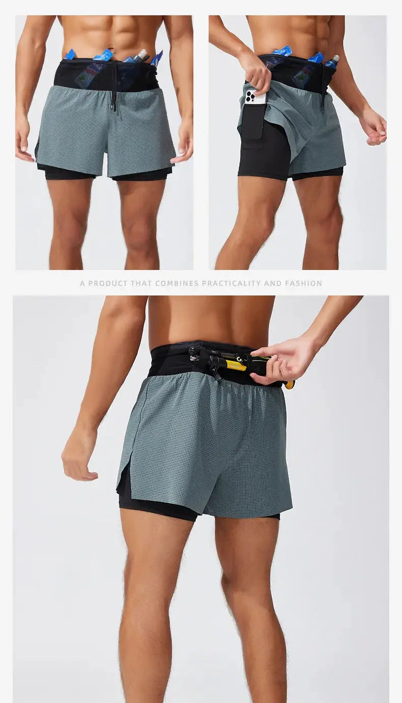 Mens double-layer running shorts; gray outer with black inner compression, quick-dry breathable fabric - Simples Market