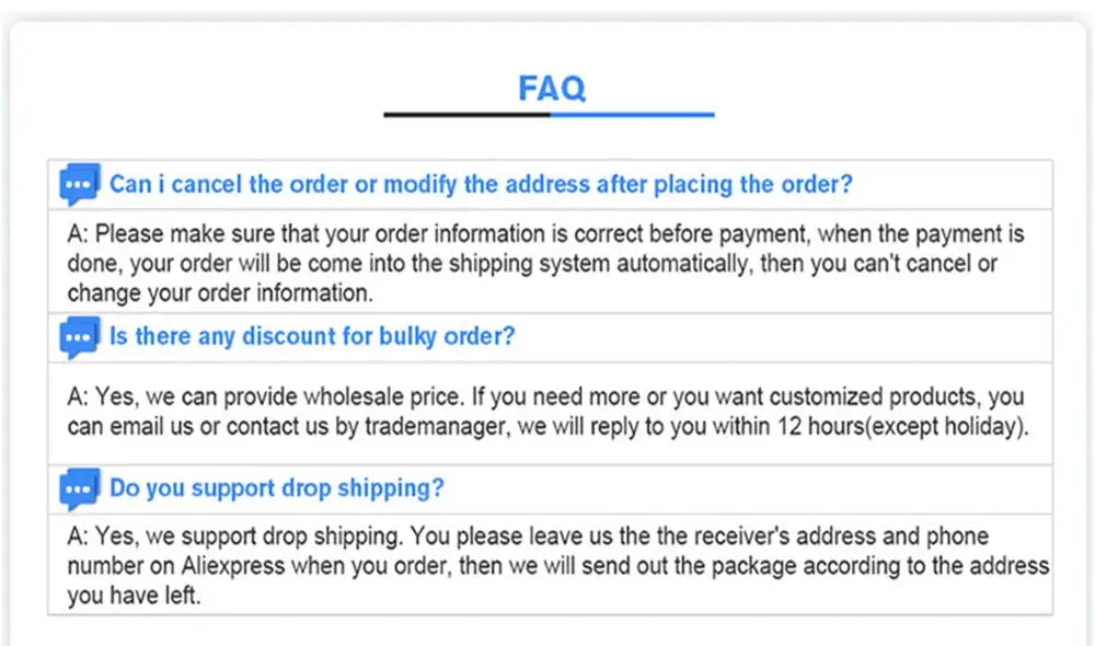 FAQ page screenshot showing three questions about order cancellation, bulk discounts, and drop shipping.