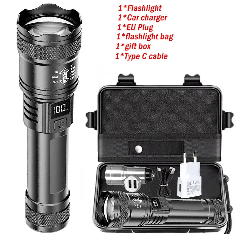 VoltPro UltraBeam 300000LM Tactical LED Flashlight With Digital Display And USB C Charging For Camping And Hunting