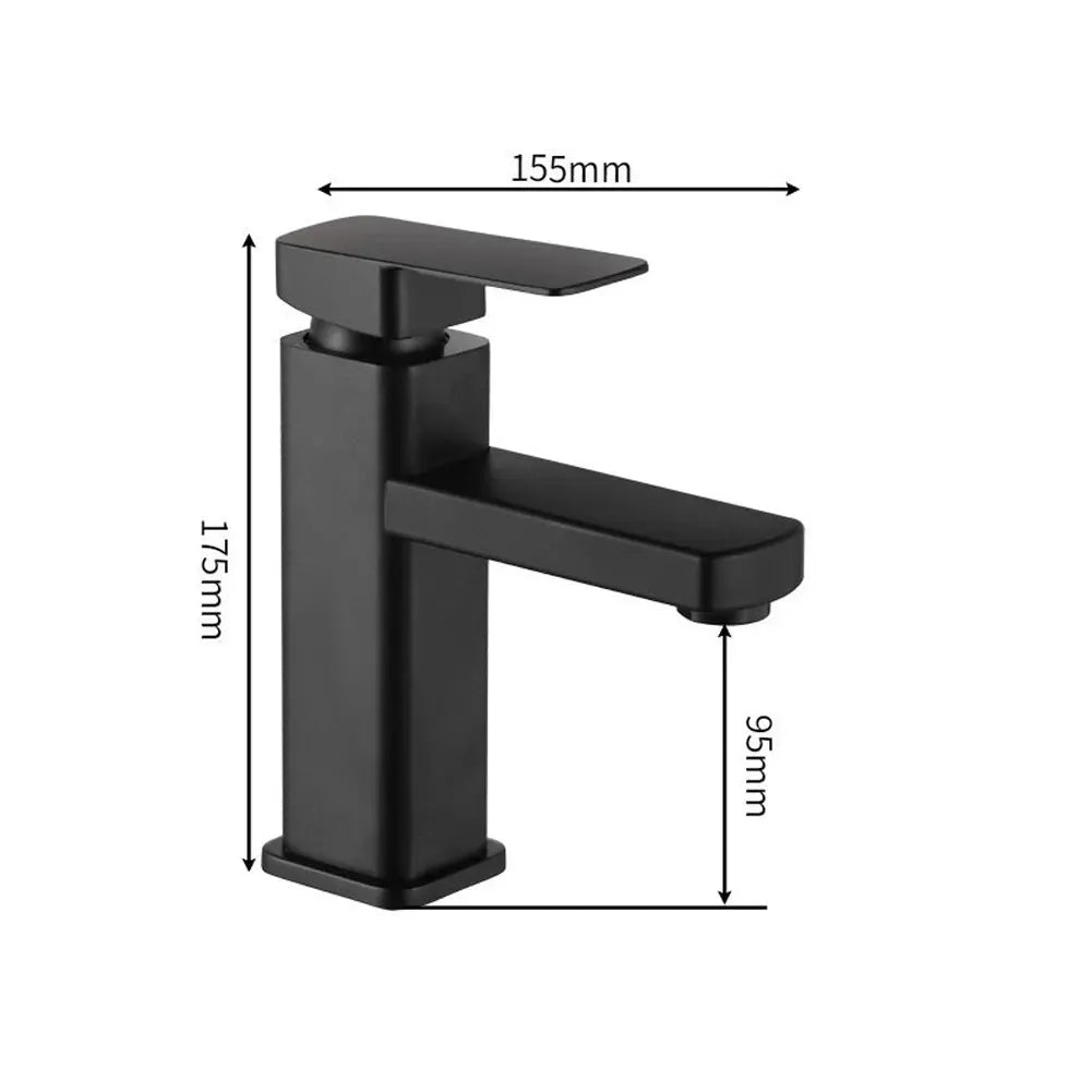 Black deck-mounted bathroom faucet with lever handle, Simples Market, 175mm tall with 95mm spout reach.