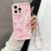 Pink Bow Silicone Case With Butterfly Charm For iPhone 7 Through 16 Pro Max Anti Fingerprint Scratch Resistant