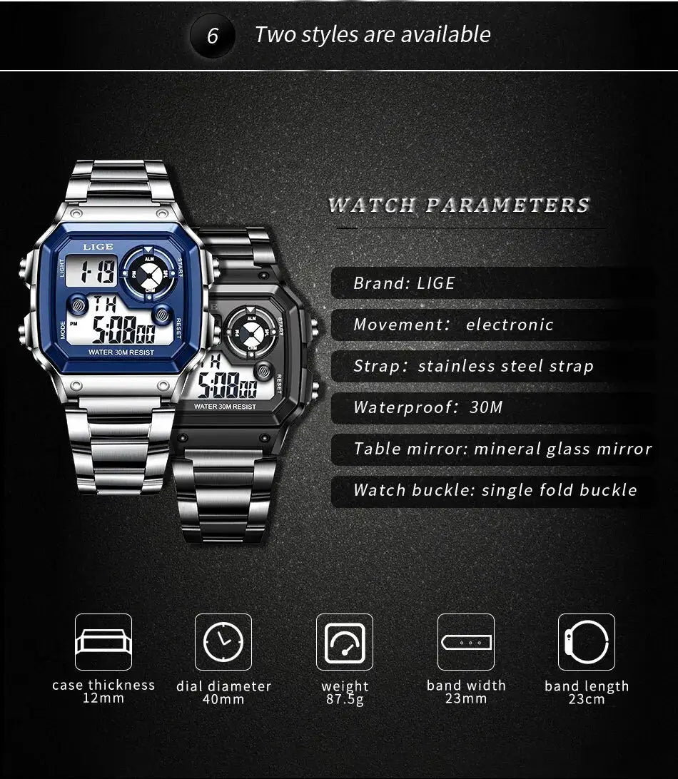 LIGE men's digital sport watch, stainless steel strap; blue and black styles, set of 2