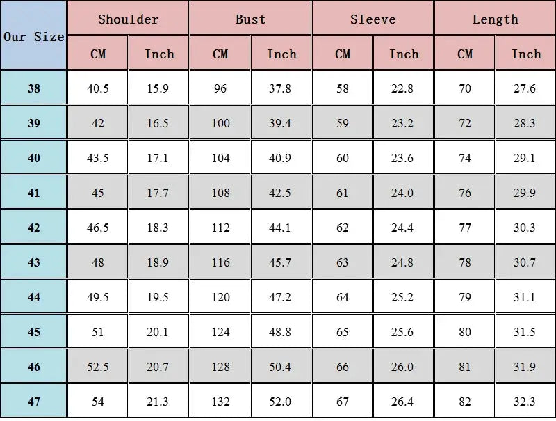 100% Pure Cotton Oxford shirt size chart for men with shoulder, bust, sleeve and length measurements in cm/in.