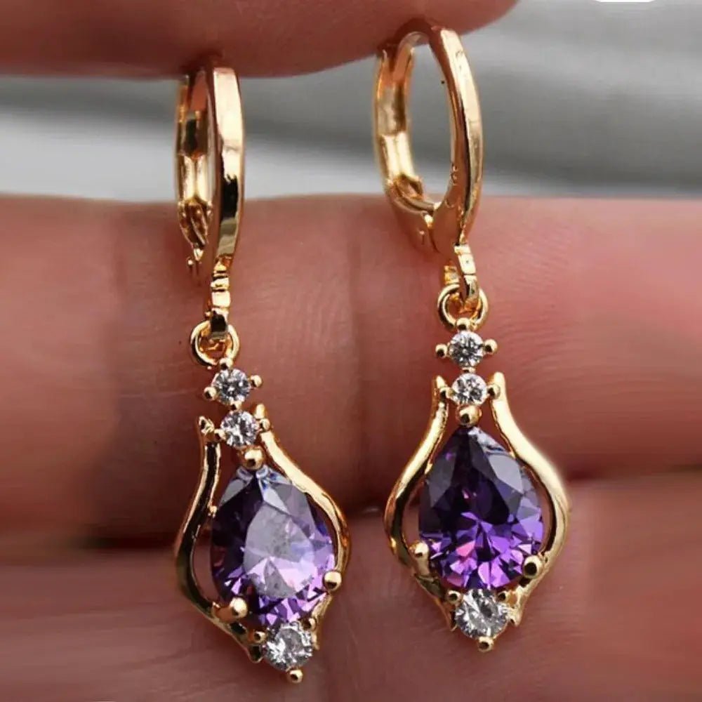 ZAKOL Vintage Shiny Purple Crystal Water Drop Hoop Earrings For Women Boho Long Dangle Jewelry Gift - Simples Market