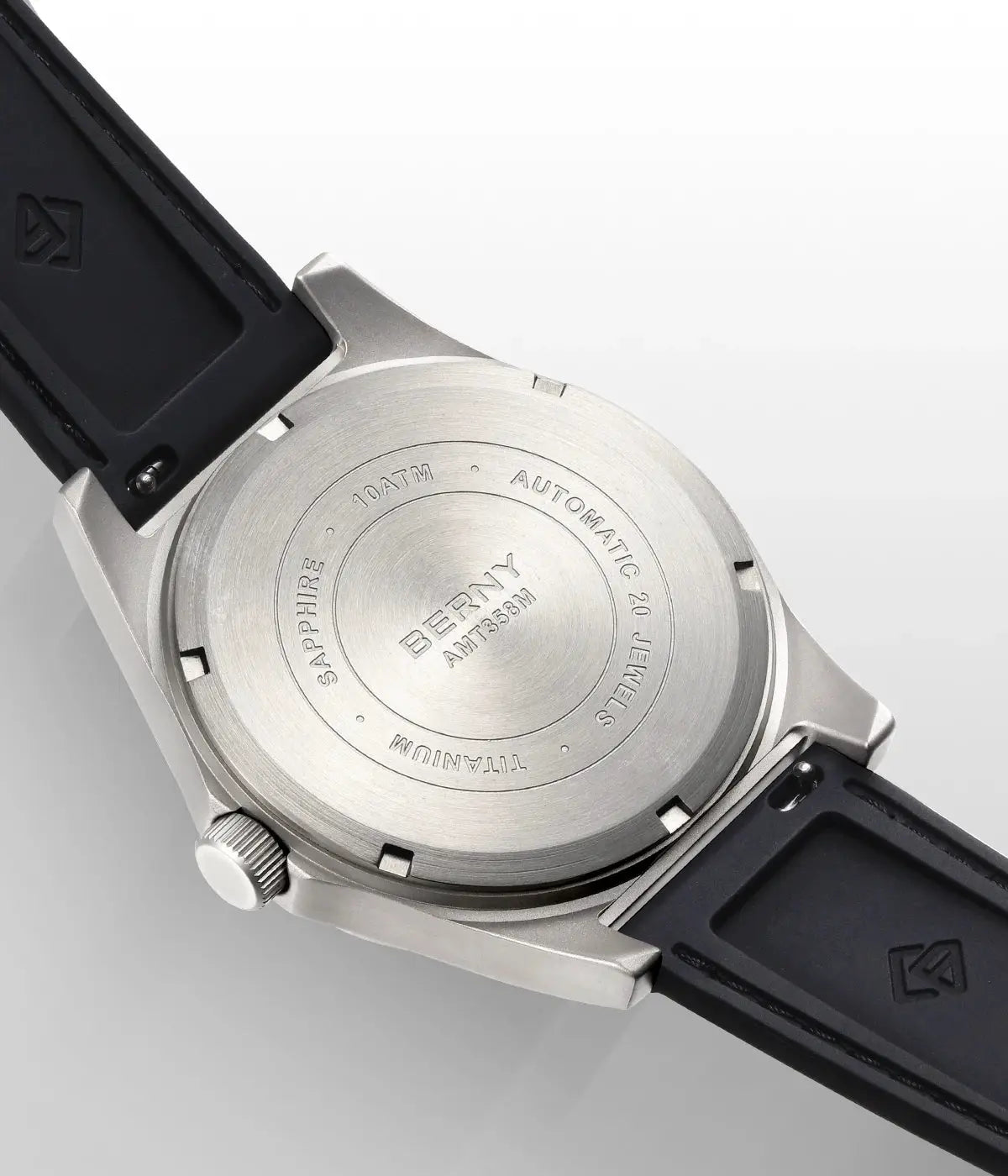 BERNY titanium automatic men's watch with black rubber strap and sapphire case back