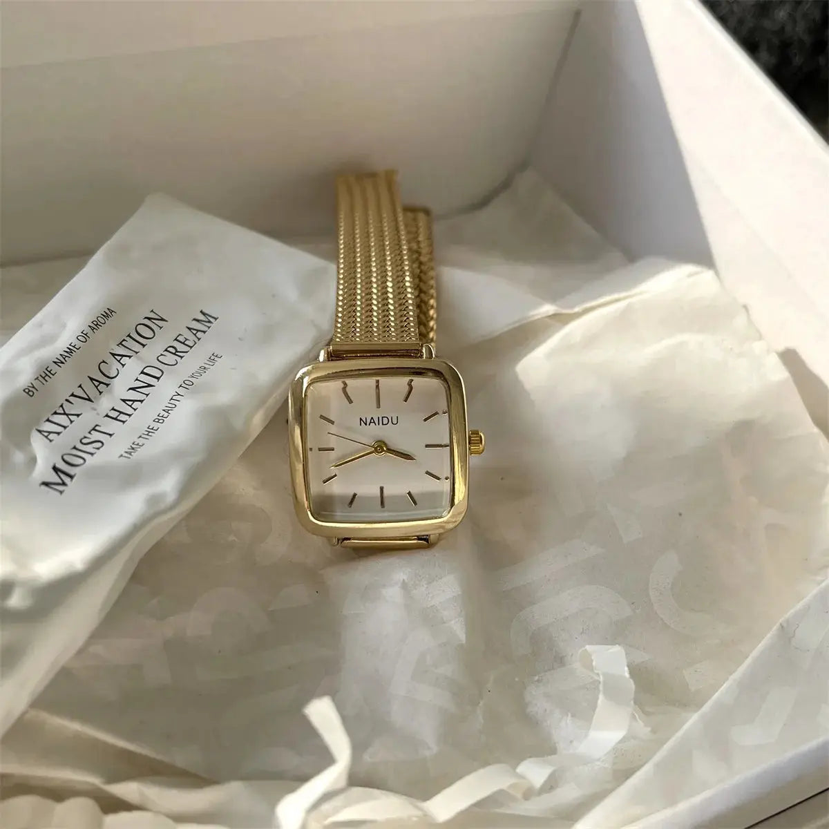 Wristwatch NAIDU gold-tone square face quartz with a mesh stainless-steel strap