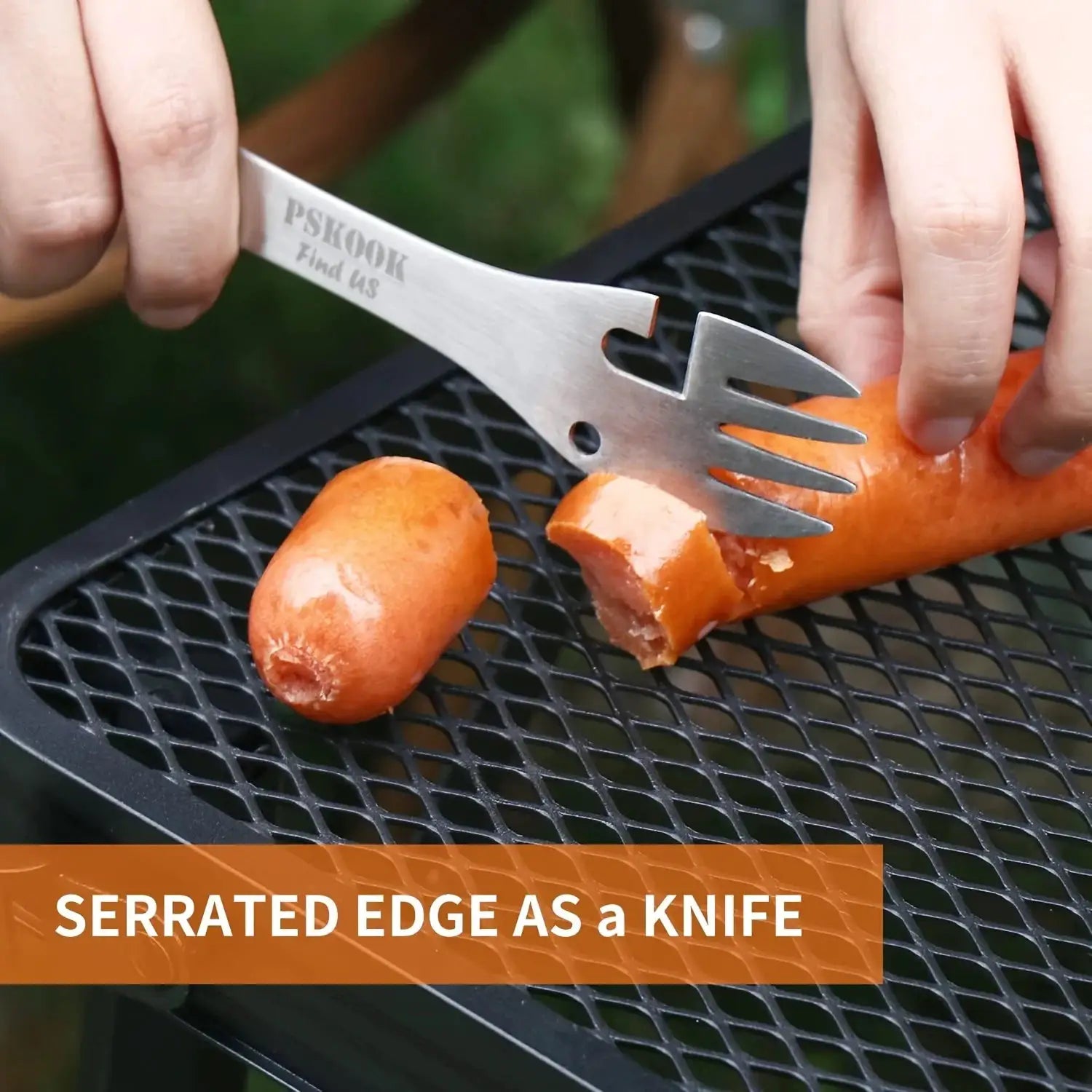 PSKOOK stainless steel 5-in-1 outdoor camping multitool with serrated knife edge, fork, and bottle opener.
