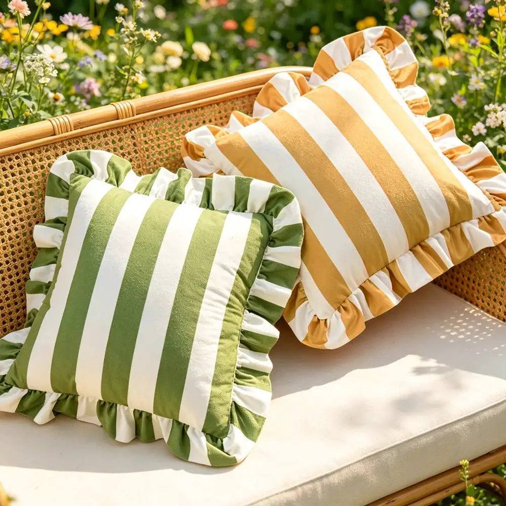 Simples Market velvet striped pillowcases, green/white and gold/white, 18x18 inches, set of 2 for home decor