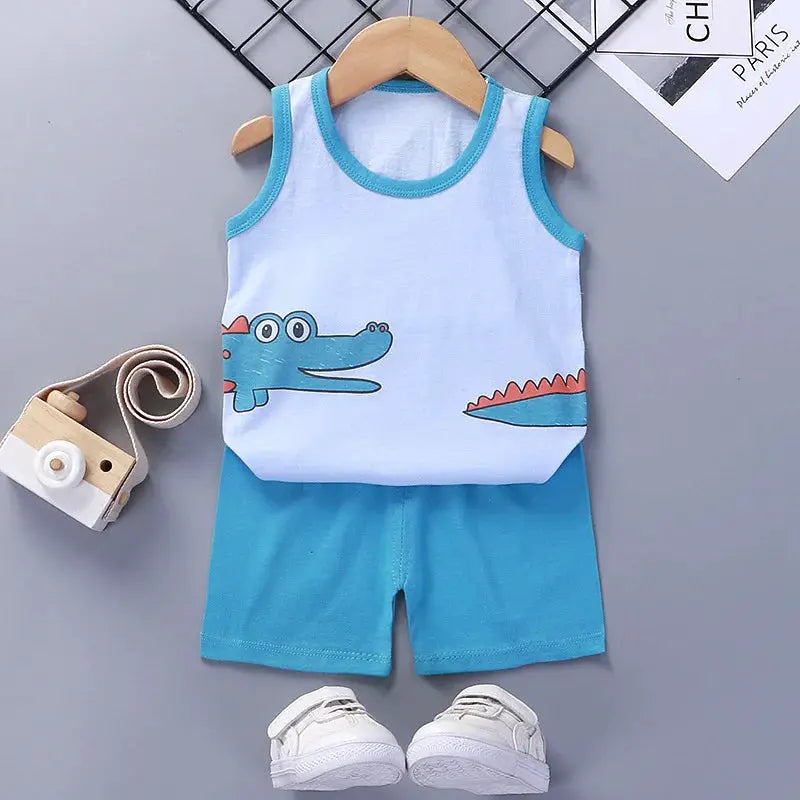 Simples Market kids vest set with cotton sleeveless top featuring alligator graphic and turquoise shorts two-piece