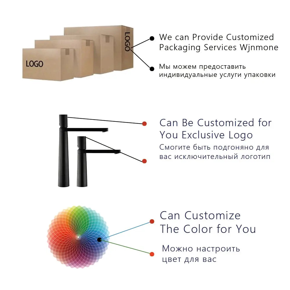 Basin faucet packaging and customization options by Simples Market, showing logo customization, multiple boxes, and a color palette
