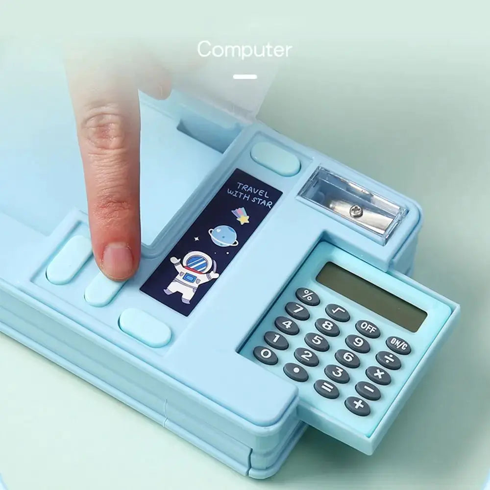 Simples Market blue double-layer pencil case with built-in pencil sharpener and calculator, astronaut design