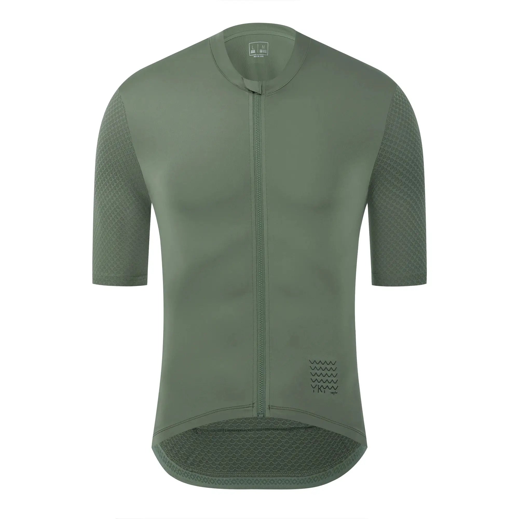 YKYWBIKE men's cycling jersey, olive green short sleeve with mesh sleeves and front zipper, breathable pro team