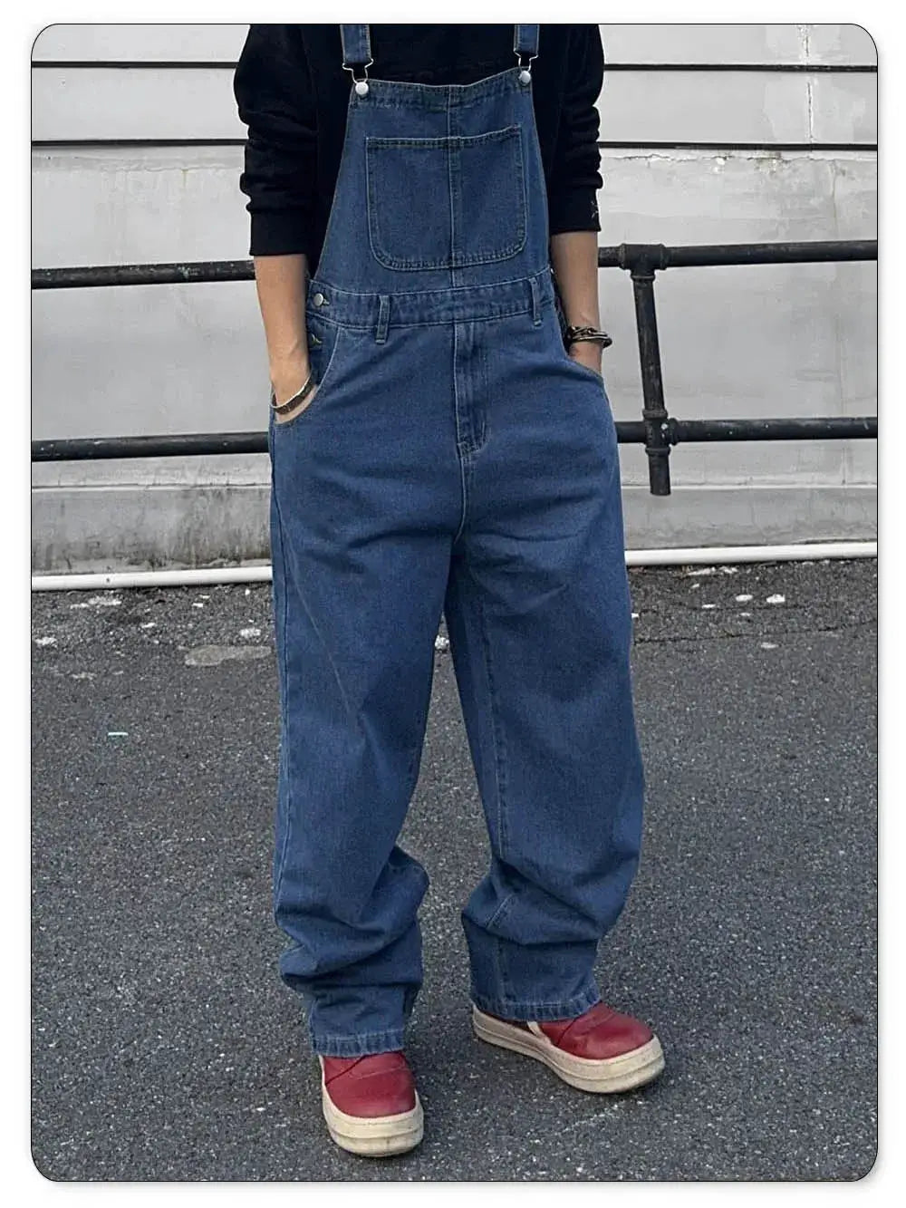 Simples Market men's denim overalls with suspenders, baggy mid-waist jumpsuit in blue washed denim