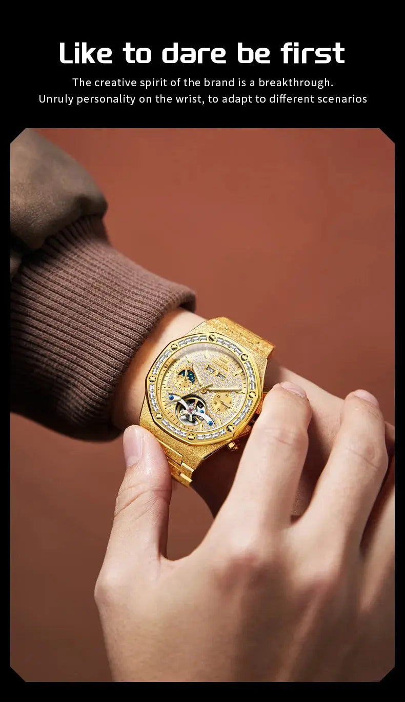 OLEVS gold steel men's luxury watch with skeleton dial and automatic movement worn on wrist