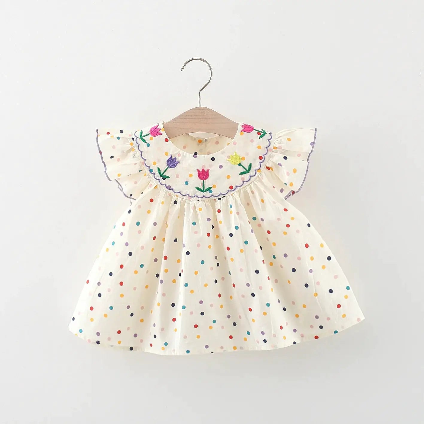 Cotton Baby Dress With Flower Embroidery And Colorful Polka Dot Print For Comfortable Summer Casual Wear