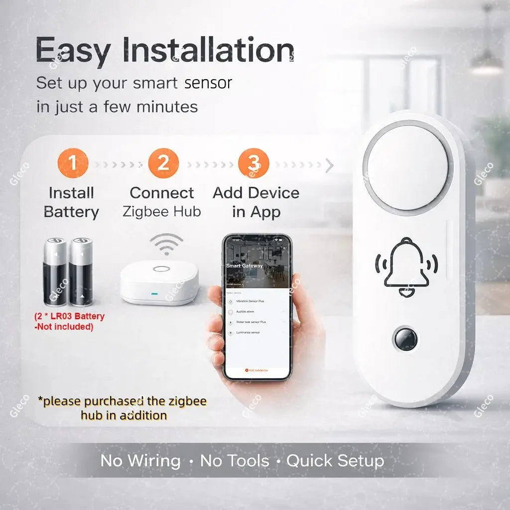 Zigbee Siren Alarm with vibration sensor, white Simples Market device shown with Zigbee hub