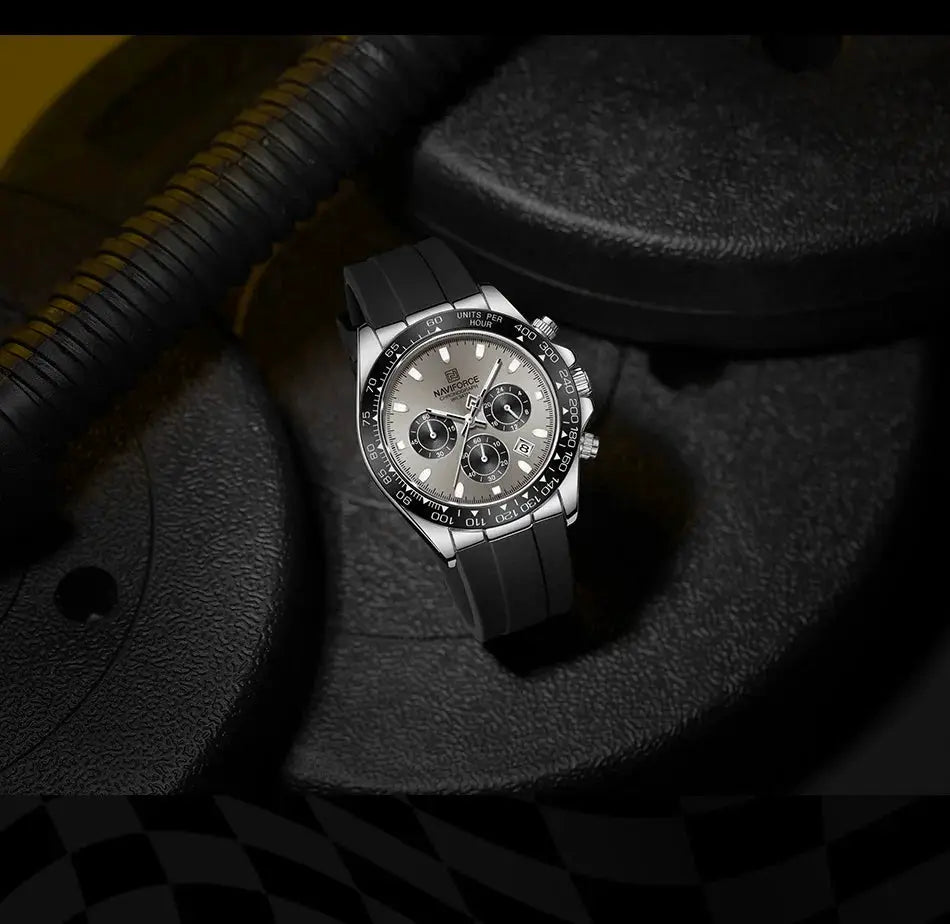 Naviforce men's watch with silicone strap, stainless steel case, black bezel, gray chronograph dial