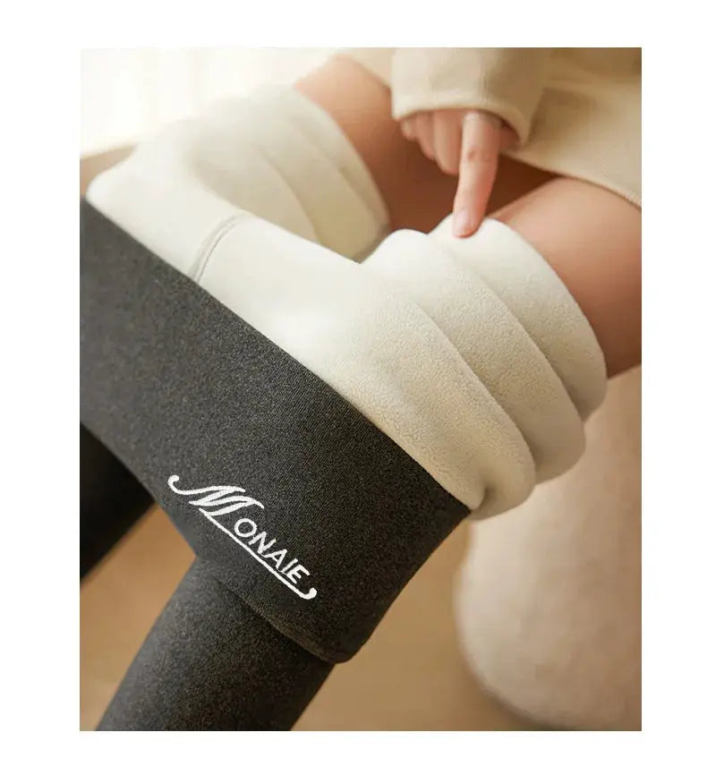 Winter cashmere leggings, black fleece-lined, high-waist, thick and warm; Monaie logo