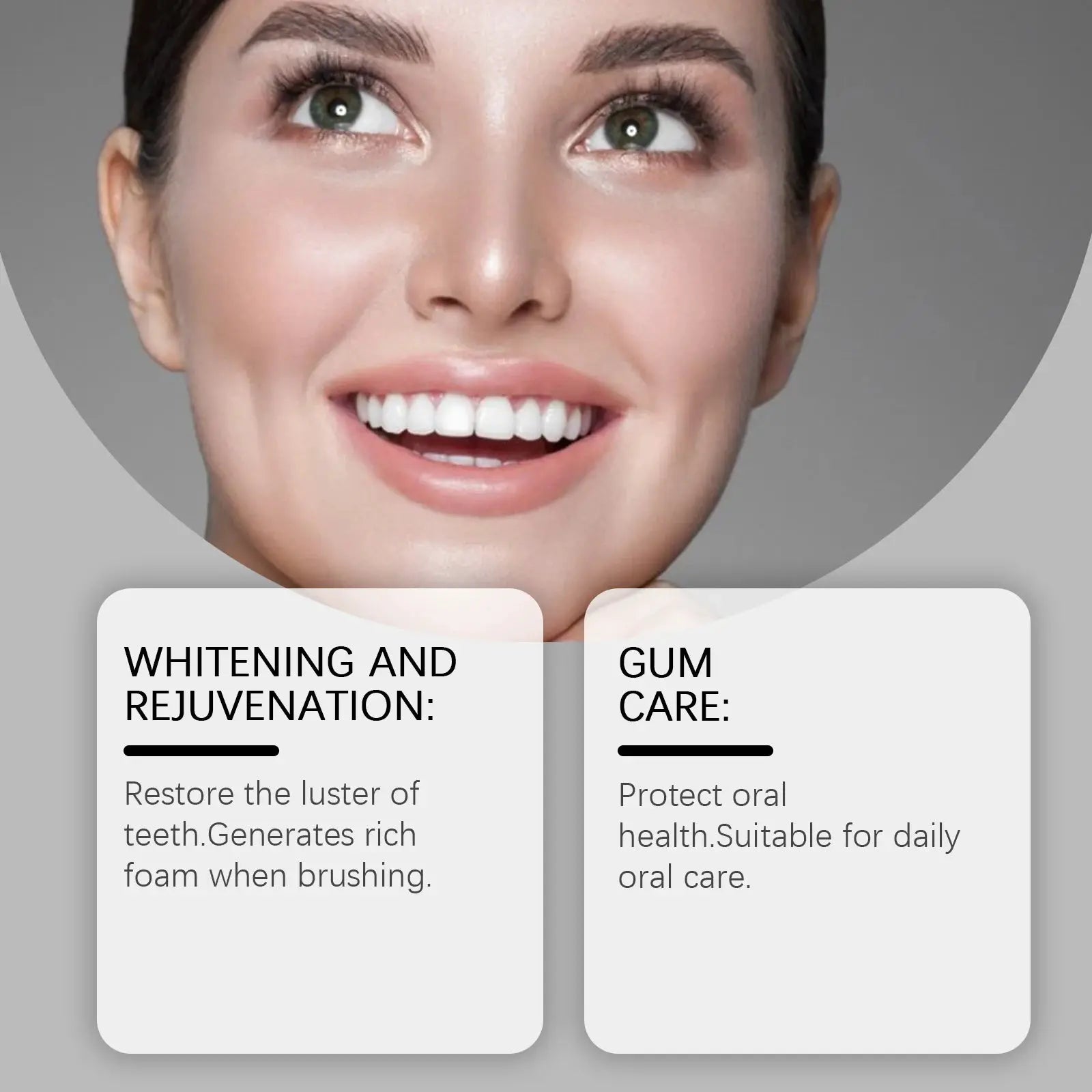 Hydroxyapatite Teeth Whitening Powder by Simples Market; smiling woman shows bright white teeth.