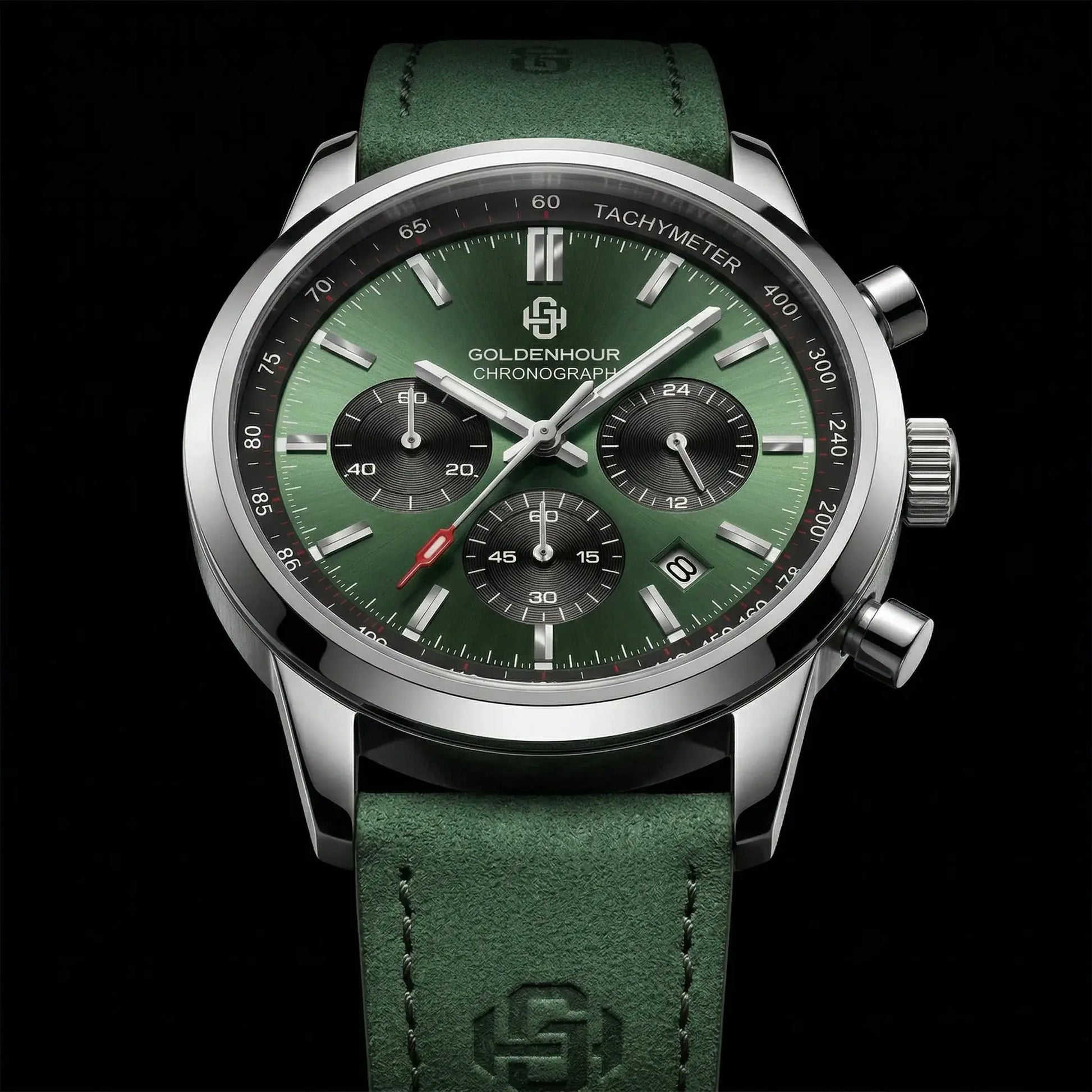 Men's luxury watch GoldenHour chronograph with green dial, green leather strap, tachymeter bezel.