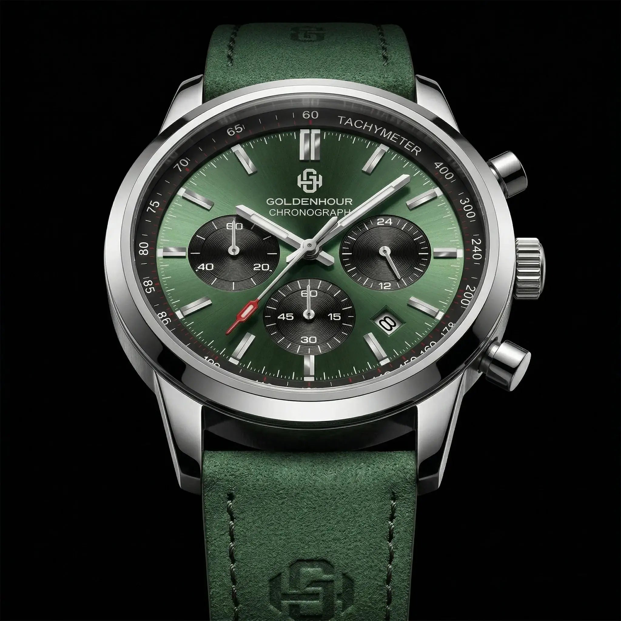 Men's luxury watch GoldenHour chronograph with green dial, green leather strap, tachymeter bezel.