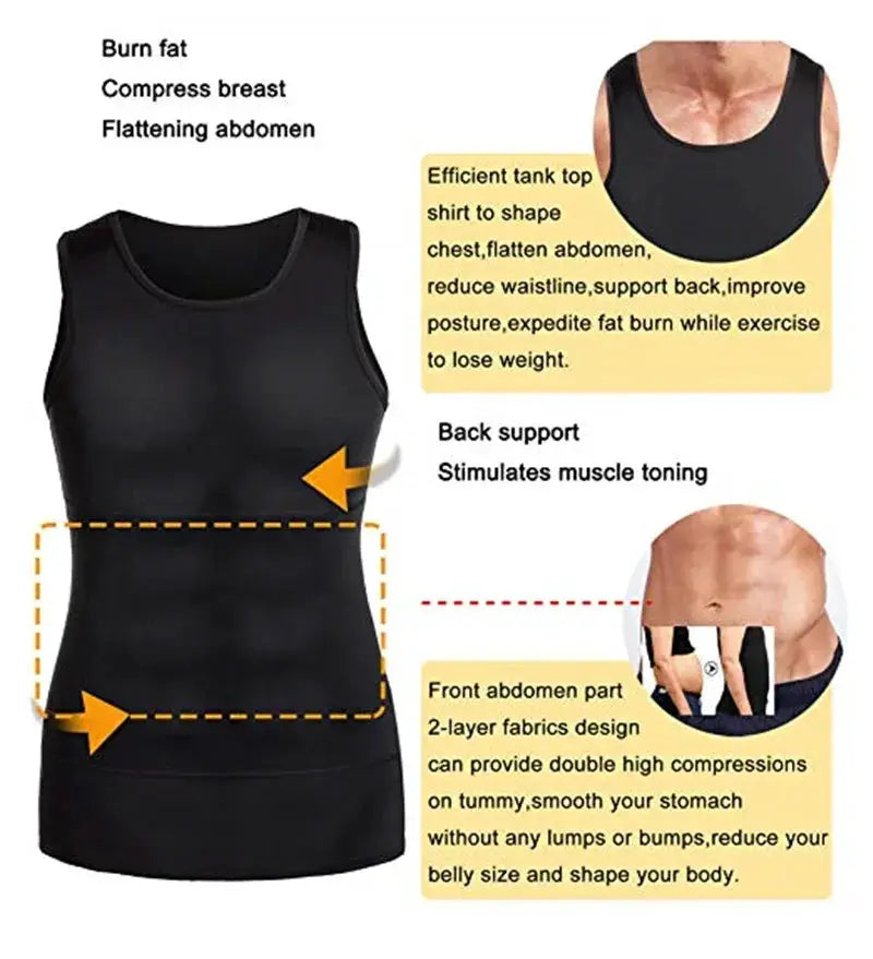 Mens black compression sleeveless tank top by Simples Market with 2-layer front abdomen panel and back support.