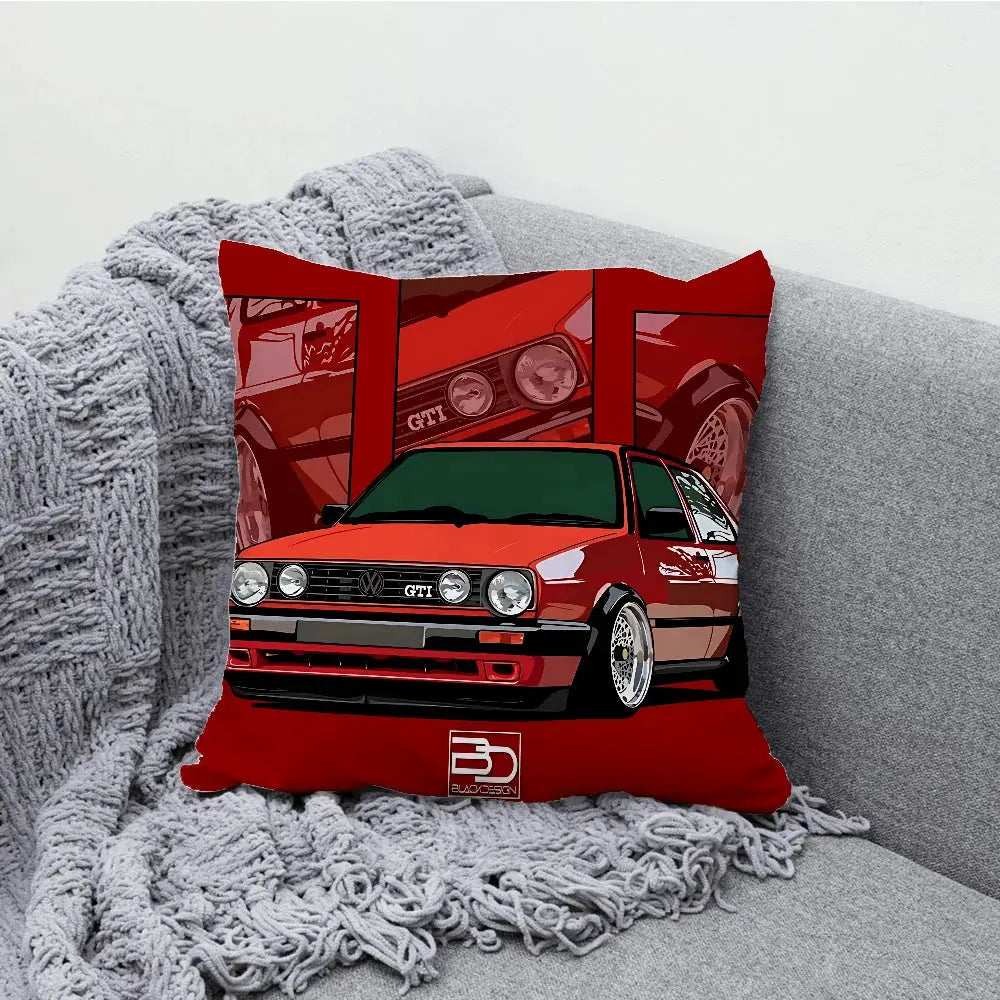 G-Golf G-GTI car pillow case with red sports-car illustration for farmhouse sofa decor