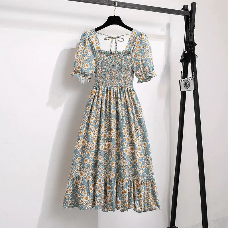 Chiffon Spring Summer A Line Dress For Women With Elastic Waist Pleated Short Sleeve Casual Flattering Fit