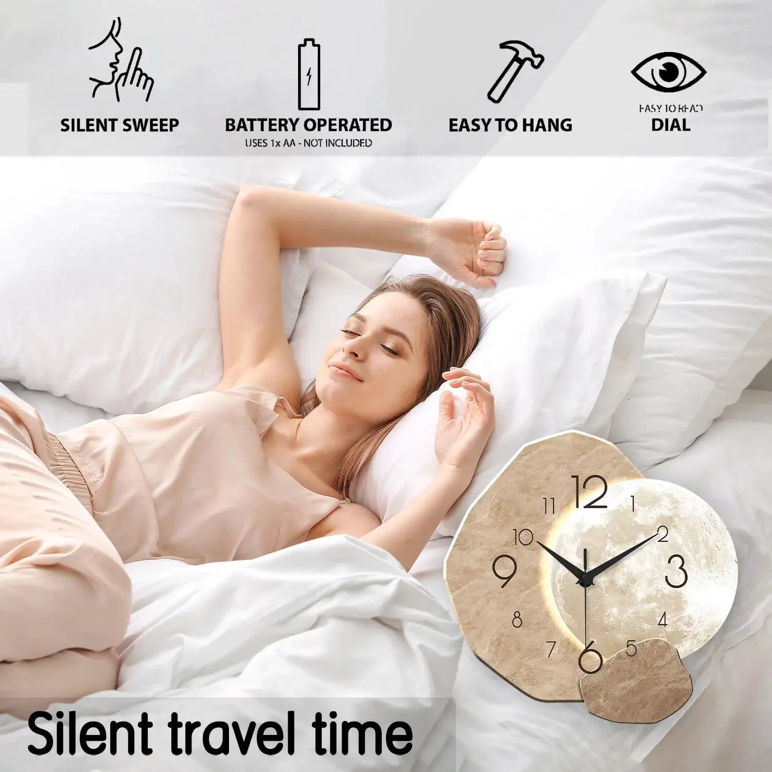 Moon-design wooden wall clock by Simples Market; silent quartz movement for bedroom decor