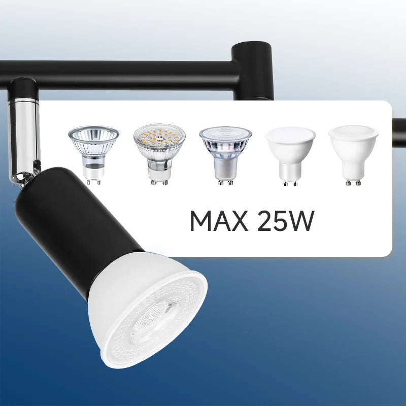 GU10 modern LED ceiling spotlight on a black track with white adjustable head, max 25W