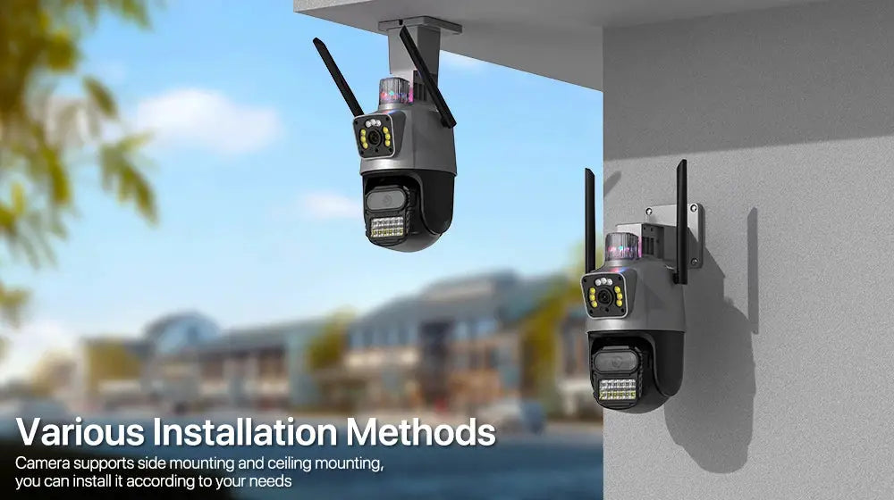 Outdoor wifi PTZ camera by Simples Market; dual-lens, dual-screen design, two wall-mounted units
