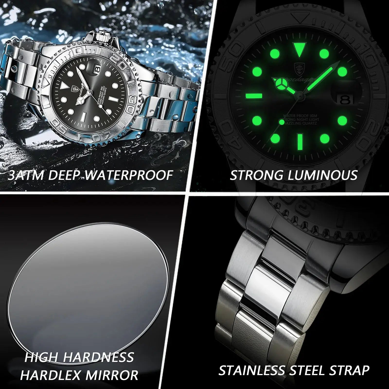 POEDAGAR men's luxury stainless steel watch with date, luminous dial and 3ATM waterproof