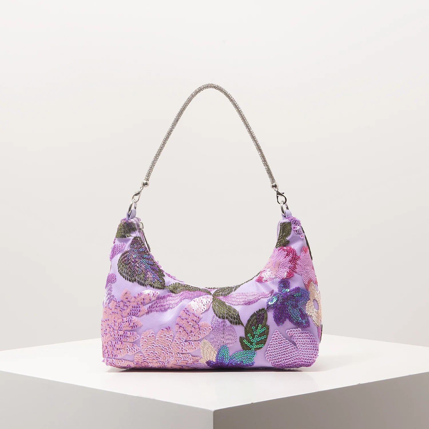 Shoulder bag by Simples Market, lavender floral embroidery with sequins and silver chain strap