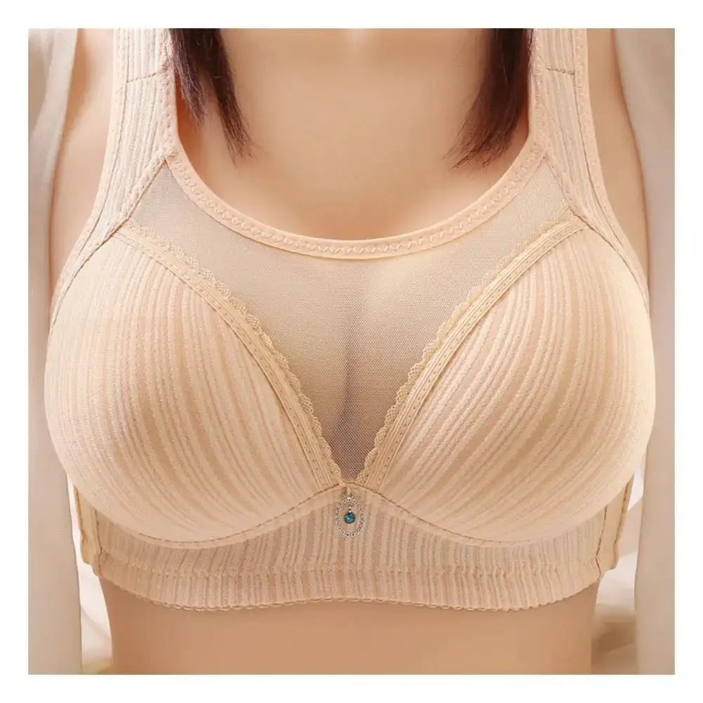 Beige wireless bra with wide straps and ribbed fabric, front turquoise center jewel detail