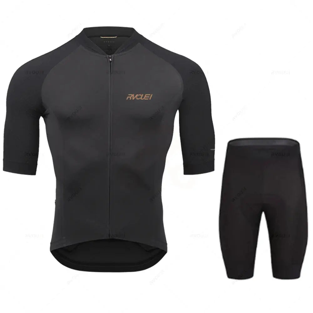 Cycling jersey and shorts set by RVCUEI, 2-piece, black/gray breathable pro team kit with front zip
