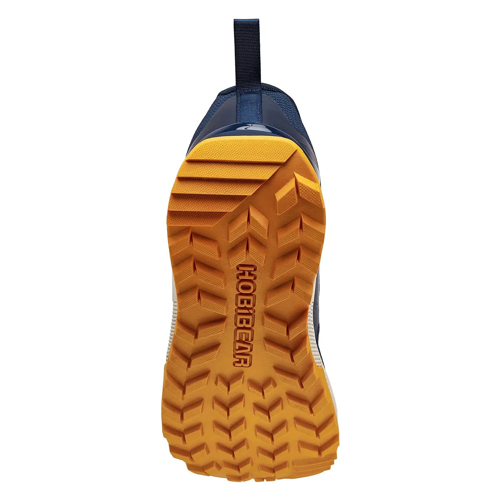 HOBIBEAR unisex hiking shoe with navy upper and bright orange non-slip rubber outsole, heel pull-tab.