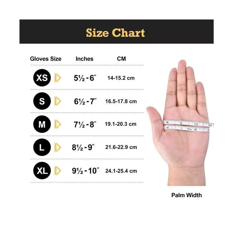 Fuchsia nitrile disposable gloves size chart showing XS–XL and a hand with palm-width measurement.