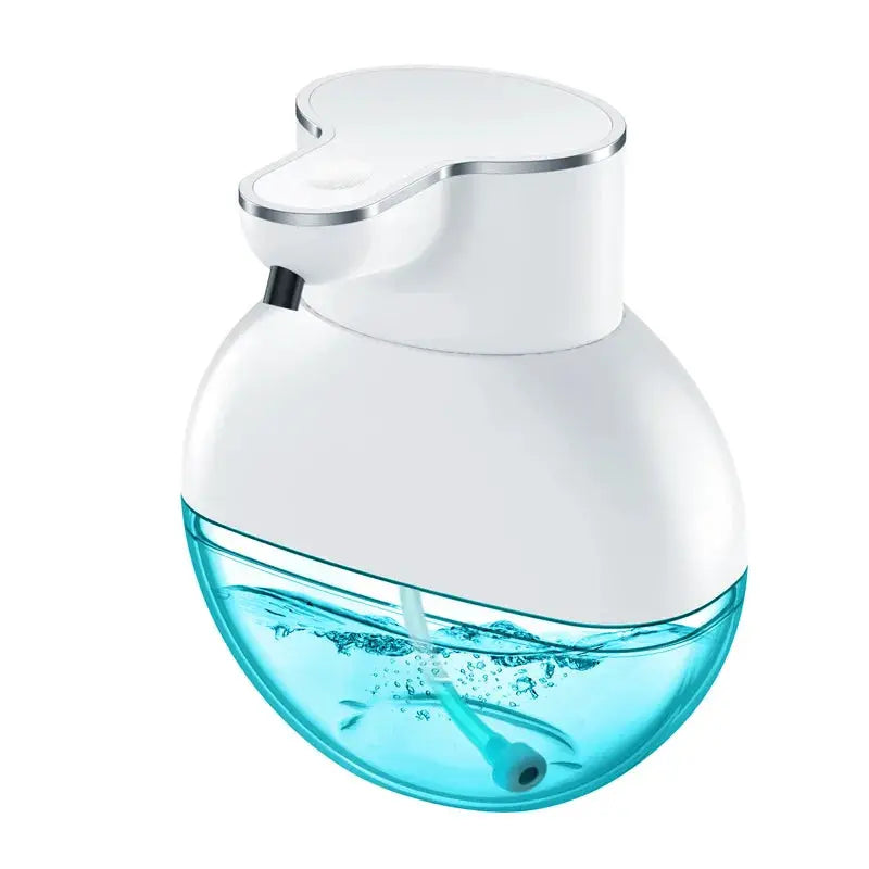 Homefish automatic soap dispenser by Simples Market, white body with blue liquid reservoir, wall-mounted.