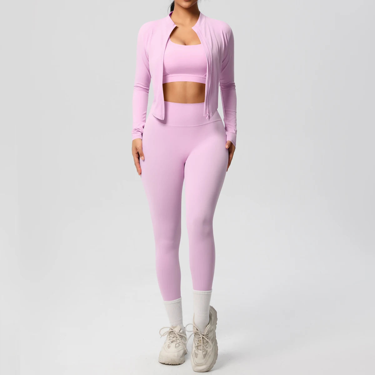 3 Piece Yoga Set for Women Sports Bra Zipper Jacket Leggings Gym Wear