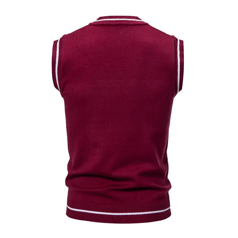 Men's maroon knit vest, sleeveless with white striped trim at hem and armholes, back view