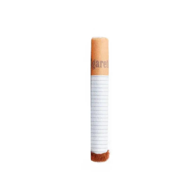 Plush dog toy shaped like a cigarette with orange filter, striped white body, and brown fuzzy tip