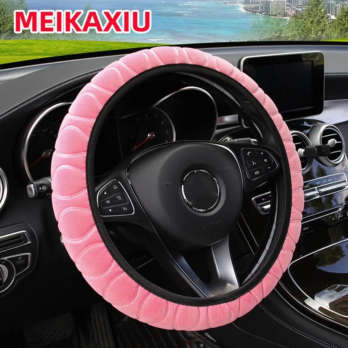 Pink plush steering wheel cover, soft short-fur material, fits 14.5–15-inch car steering wheels